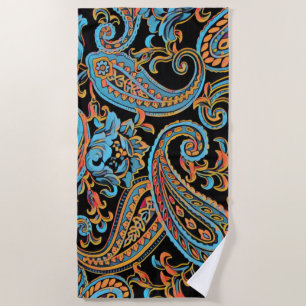 Sky Blue and Autumn Orange Vintage Paisley Beach Towel