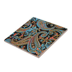 Sky Blue and Autumn Orange Vintage Paisley Ceramic Tile