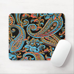 Sky Blue and Autumn Orange Vintage Paisley Mouse P Pad
