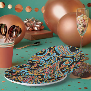 Sky Blue and Autumn Orange Vintage Paisley Paper Plates