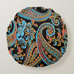 Sky Blue and Autumn Orange Vintage Paisley Round Pillow