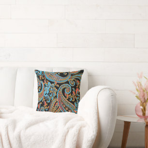 Sky Blue and Autumn Orange Vintage Paisley Throw Pillow