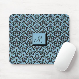 Sky Blue and Black Damask Monogrammed Mouse Pad