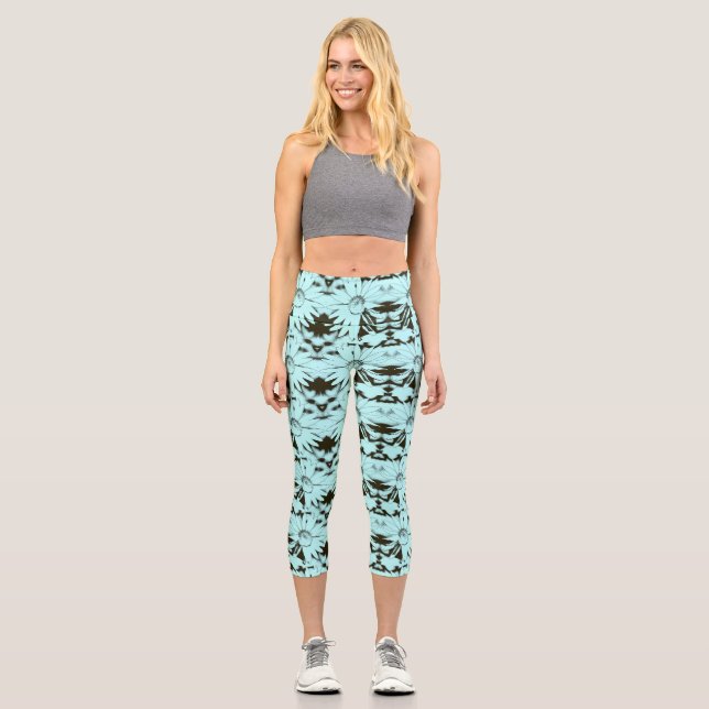  Sky Blue and Chocolate Brown Cone Flower Pattern Capri Leggings (Front)