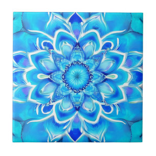 Sky Blue and Cobalt Batik Mandala Pattern Ceramic Tile