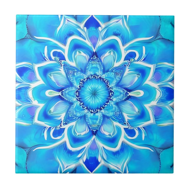 Sky Blue and Cobalt Batik Mandala Pattern  Ceramic Tile (Front)