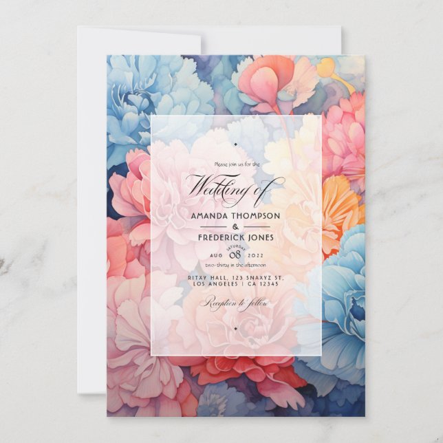 Sky Blue and Coral Floral Wedding Invitation (Front)