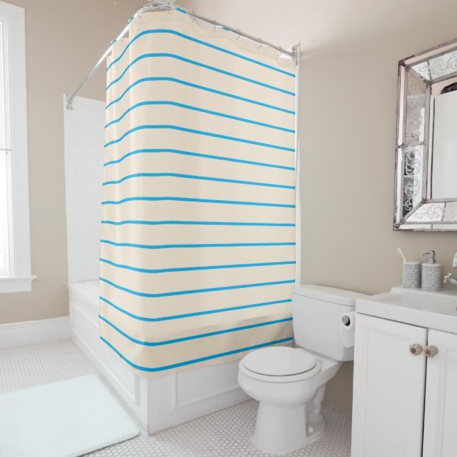 Sky Blue and Ivory Stripes Geometric Pattern  Shower Curtain (In Situ)