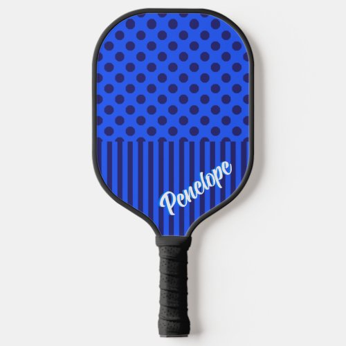 Sky Blue and Navy Blue Polka Dots and Stripes Pickleball Paddle