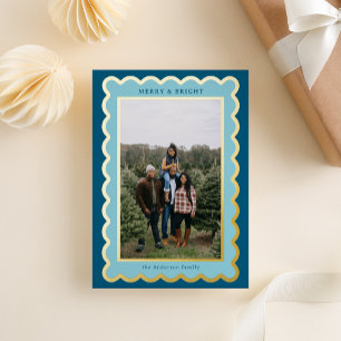 Sky Blue and Navy Preppy Scallop Photo Frame Foil Holiday Card