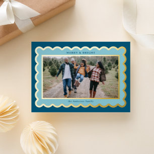 Sky Blue and Navy Preppy Scallop Photo Frame Foil Holiday Card