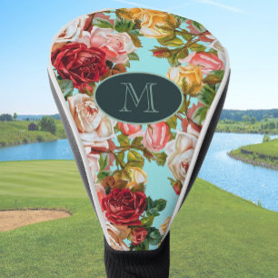 Sky Blue and Pink Roses Floral Custom Monogram Golf Head Cover