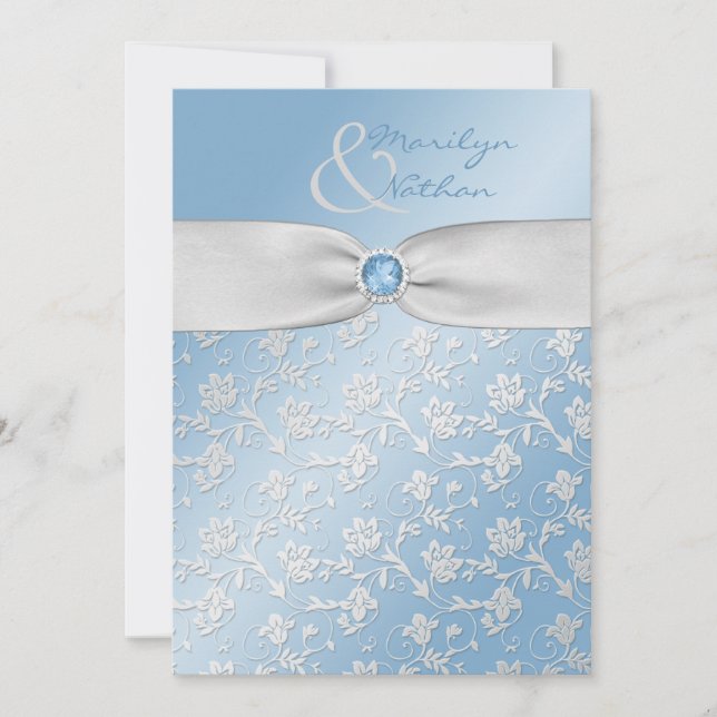 Sky Blue and Silver Floral Wedding Invitation (Front)