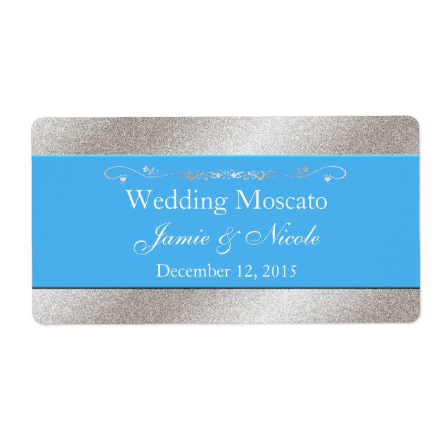 Sky Blue and Silver Wedding Mini Wine Labels (Front)
