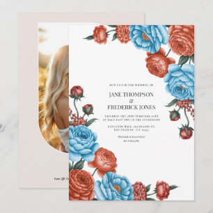 Sky Blue and Terracotta Watercolor Floral Wedding Invitation