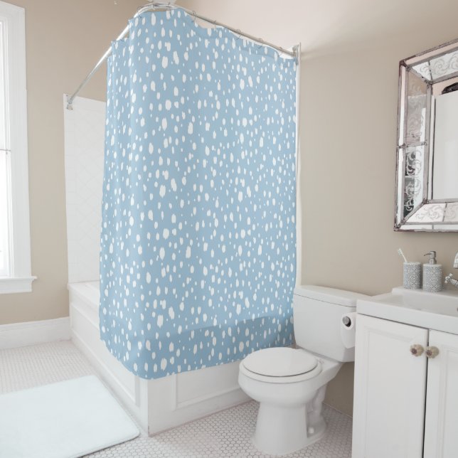 Sky Blue and White Abstract Dots Shower Curtain (In Situ)