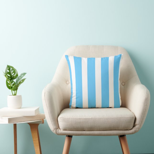 Sky Blue and White Cabana Stripes  Throw Pillow (Chair)