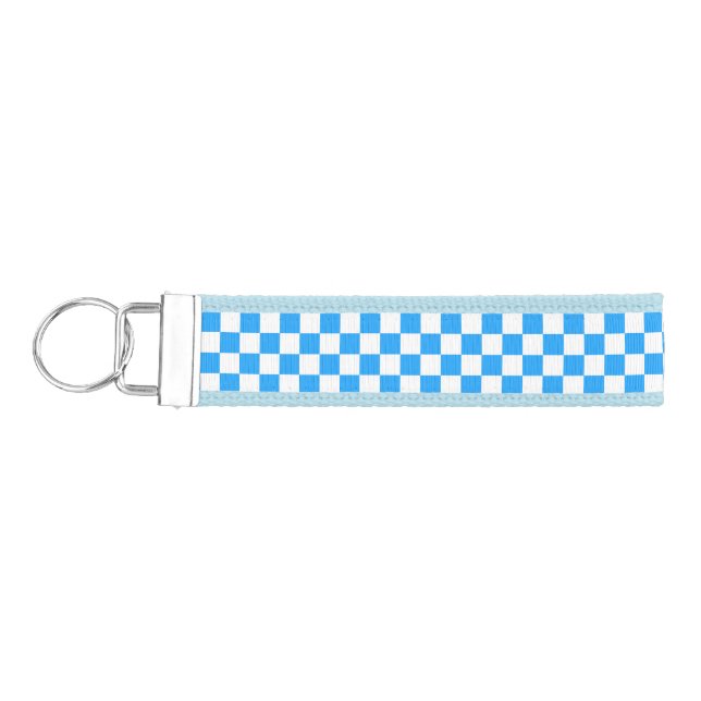 Sky Blue and White Checkerboard Pattern Wrist Keychain (Keys on Left)