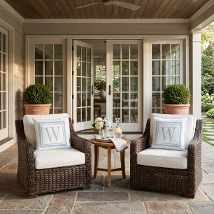 Sky Blue and White Classic Square Monogram Outdoor Pillow