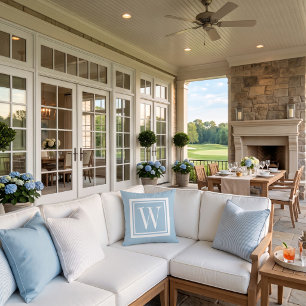 Sky Blue and White Classic Square Monogram Outdoor Pillow