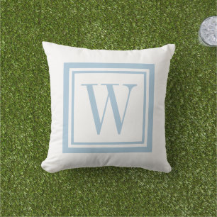 Sky Blue and White Classic Square Monogram Outdoor Pillow