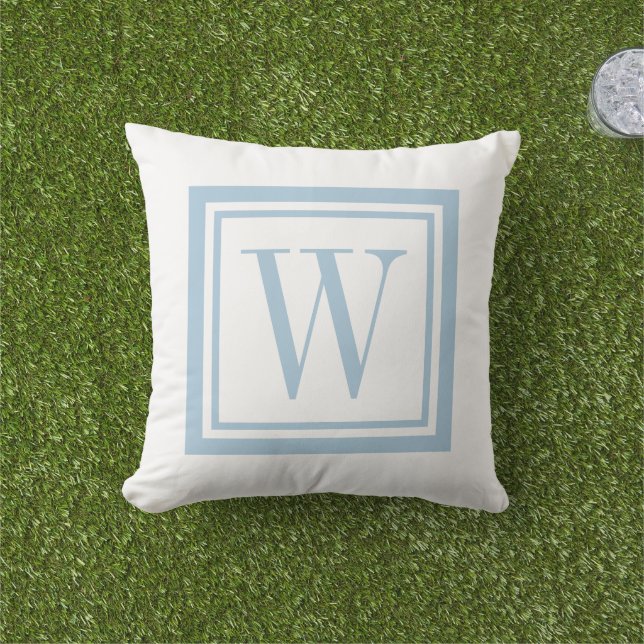 Sky Blue and White Classic Square Monogram Outdoor Pillow (Grass)