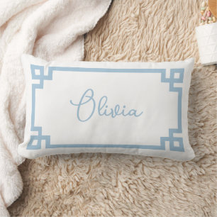 Sky Blue and White Custom Name Monogram Lumbar Pillow