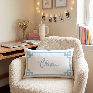 Sky Blue and White Custom Name Monogram Lumbar Pillow