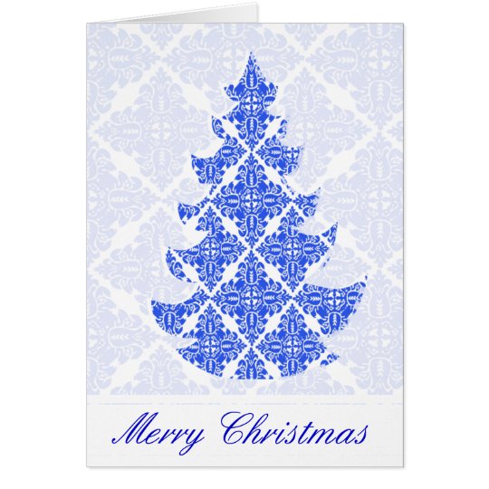 Sky Blue AND White Damask Pattern Christmas Tree Card