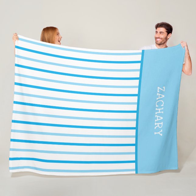 Sky Blue and White Geometric Stripes Name Fleece Blanket (In Situ)