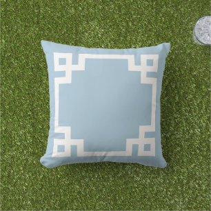 Sky Blue and White Greek Key Border Outdoor Pillow