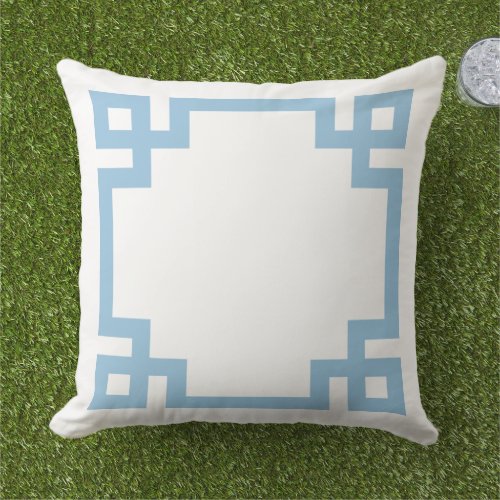 Sky Blue and White Greek Key Border Outdoor Pillow