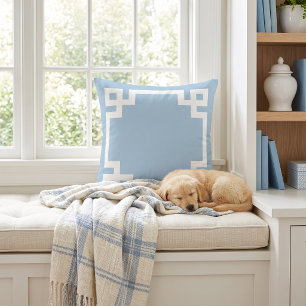 Sky Blue and White Greek Key Border Throw Pillow