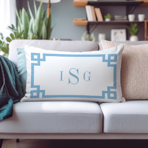 Sky Blue and White Greek Key Monogram Lumbar Pillow