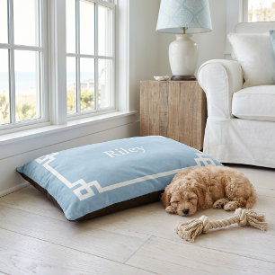 Sky Blue and White Greek Key Monogram Pet Bed