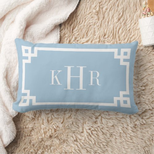 Sky Blue and White Greek Key | Monogrammed Lumbar Pillow