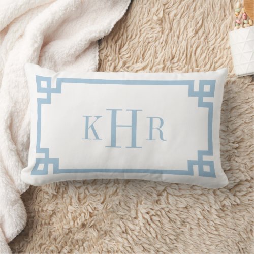 Sky Blue and White Greek Key | Monogrammed Lumbar Pillow