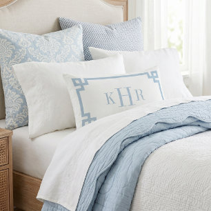 Sky Blue and White Greek Key   Monogrammed Lumbar Pillow
