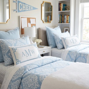 Sky Blue and White Greek Key Monogrammed Lumbar Pillow
