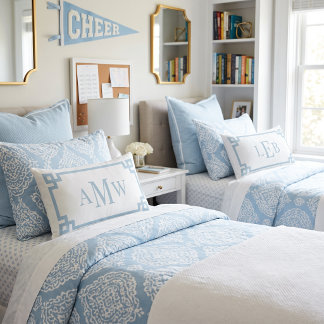 Sky Blue and White Greek Key | Monogrammed Lumbar Pillow
