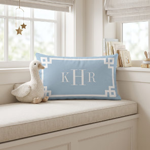 Sky Blue and White Greek Key | Monogrammed Lumbar Pillow