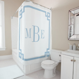 Sky Blue and White Greek Key Monogrammed Shower Curtain