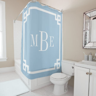 Sky Blue and White Greek Key | Monogrammed Shower Curtain