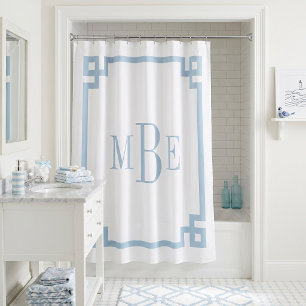 Sky Blue and White Greek Key Monogrammed Shower Curtain