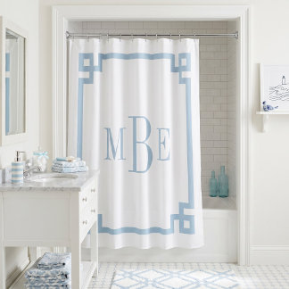Sky Blue and White Greek Key | Monogrammed Shower Curtain
