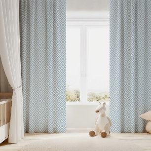 Sky Blue and White Greek Key Pattern Blackout Curtains