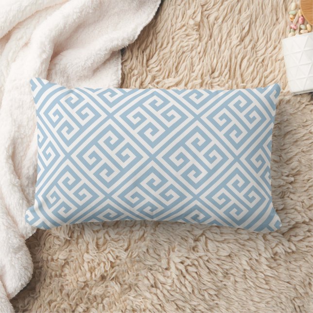 Sky Blue and White Greek Key Pattern Lumbar Pillow (Blanket)