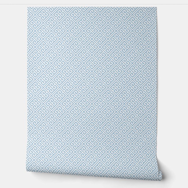 Sky Blue and White Greek Key Pattern Wallpaper (Unrolling)