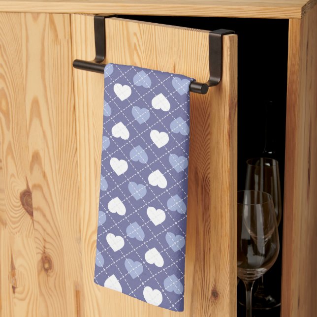 Sky Blue and White Hearts Argyle  Kitchen Towel (Thirds Fold)