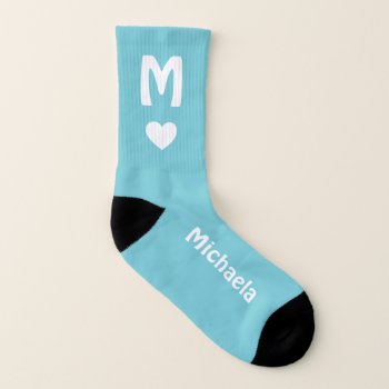Sky Blue And White Monogram Heart Name Small Socks by TheHopefulRomantic at Zazzle